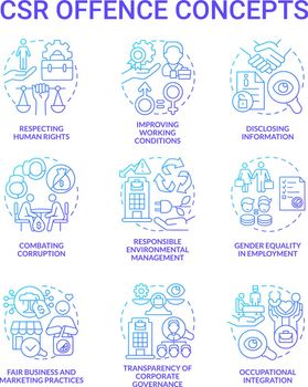 Corporate social responsibility offence blue gradient concept icons set