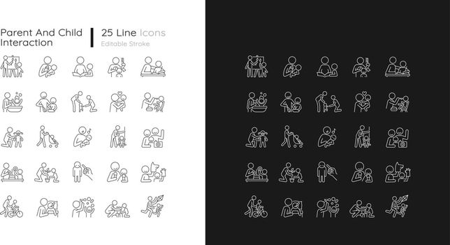 Parent and child interaction linear icons set for dark and light mode