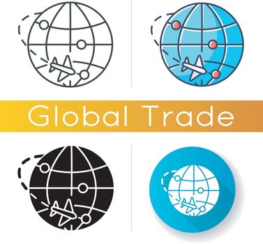 International trade icon. Export and import, logistics, airmail and parcels delivery. Commerce, trading, international market map. Linear black and RGB color styles. Isolated vector illustrations