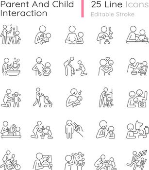 Parent and child interaction linear icons set