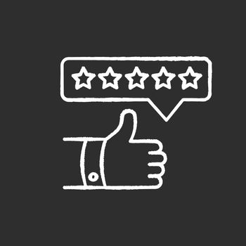 Product review chalk white icon on black background. Thumbs up. Five star film. Excellent quality. Customer satisfaction rate. Assessment and evaluation. Isolated vector chalkboard illustration