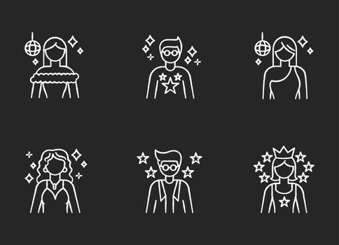 Popular celebrity chalk white icons set on black background. Famous female and male actors. Talent show star. Successful entertainer. Stylish idol. Isolated vector chalkboard illustrations