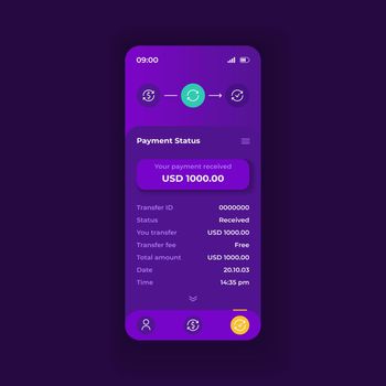 Online payment application smartphone interface vector template. Mobile app page dark theme design layout. Transaction status screen. Flat UI for application. Money transfer details on phone display