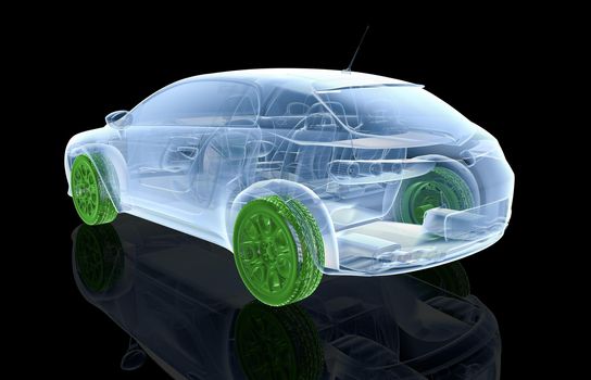 X-ray car with green wheels