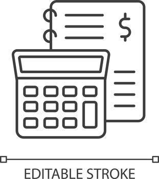 Financial accounting pixel perfect linear icon. Inventory management, bookkeeping, audit. Thin line customizable illustration. Contour symbol. Vector isolated outline drawing. Editable stroke