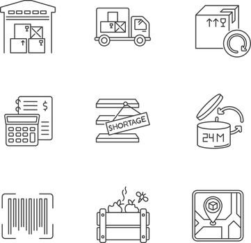 Inventory management pixel perfect linear icons set. Storage place, spoilage and purchase returns. Customizable thin line contour symbols. Isolated vector outline illustrations. Editable stroke