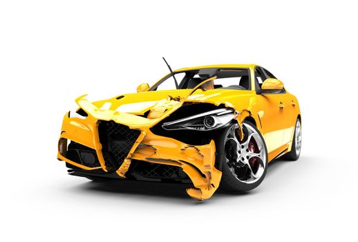 Yellow car crash on a white background: 3D rendering