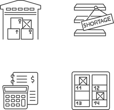 Warehouse management pixel perfect linear icons set. Goods counting, financial bookkeeping, storekeeping. Customizable thin line contour symbols. Isolated vector outline illustrations. Editable stroke