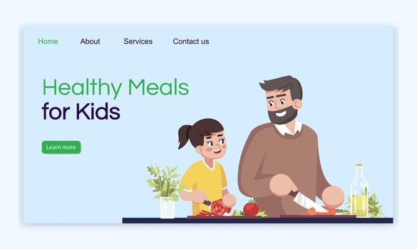 Healthy meals for kids landing page vector template. Natural food recipes website interface idea with flat illustrations. Organic nutrition homepage layout. Healthcare cartoon web banner, webpage