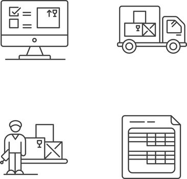 Storekeeping and inventory tracking system pixel perfect linear icons set. Goods quantity control. Customizable thin line contour symbols. Isolated vector outline illustrations. Editable stroke