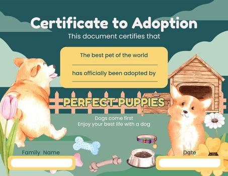 Certificate template with corgi dog concept,watercolor style