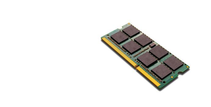 Close up computer, laptop memory, RAM on white background. DDR RAM Random Access Memory isolated on white background. With copy space banner. Save with clipping path.