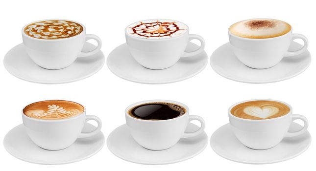 Side view coffee cup collection, coffee cup assortment with shape sign collection isolated on white background. Save with clipping path