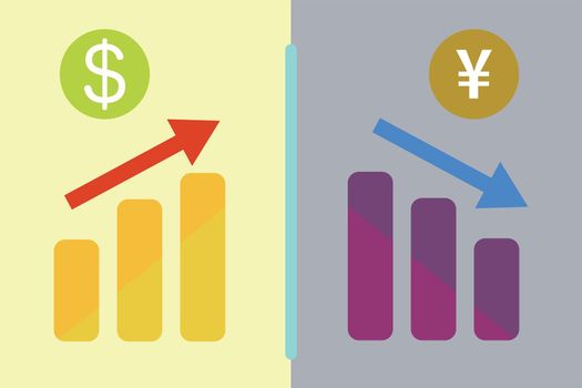 Dollar price up and yen price down. Bar graph icon and arrow graph icon set. Vector.