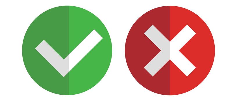 Check mark and cross mark icon set. For and against. Vectors.