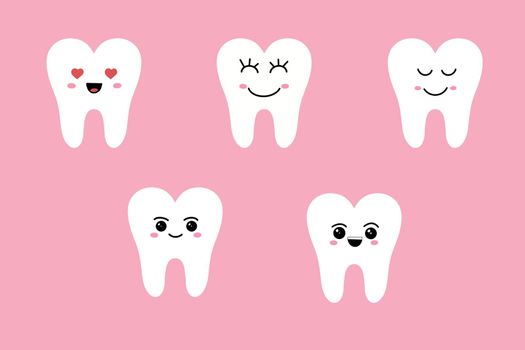 Kawaii. Cute teeth emoji and emoji set with different facial expressions. Vector illustration.