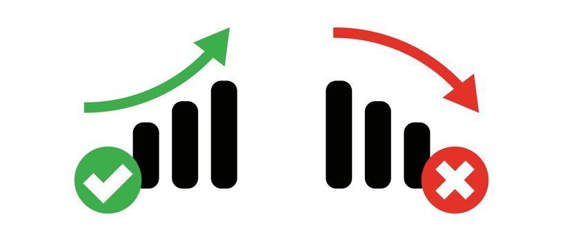 Set of icons for success and failure bar charts. Vectors.