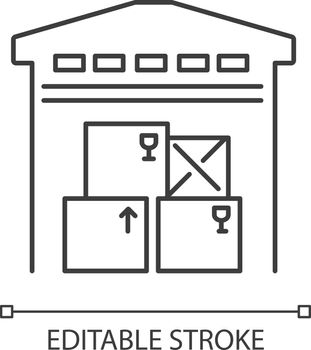 Warehousing pixel perfect linear icon. Merchandise storage, storehouse building, stockroom. Thin line customizable illustration. Contour symbol. Vector isolated outline drawing. Editable stroke