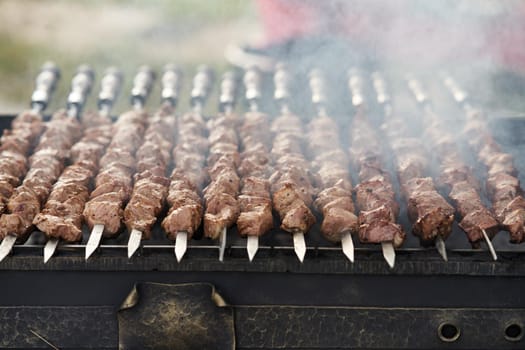 Shish kebab on skewers is fried on the grill. Close-up