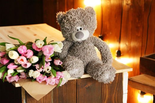 Teddy Bear with pink and white flowers