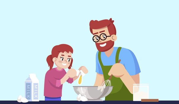 Cooking daddy and daughter, people making pastry semi flat RGB color vector illustration. Parent and child mixing dough ingredients, smiling family isolated cartoon characters on blue background