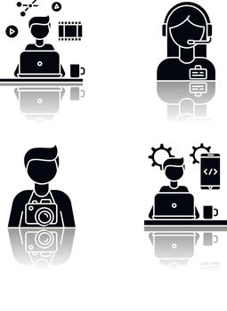 Remote workers drop shadow black glyph icons set. Video editor and photographer, mobile app developer. Administrator support and programming. Isolated vector illustrations on white space