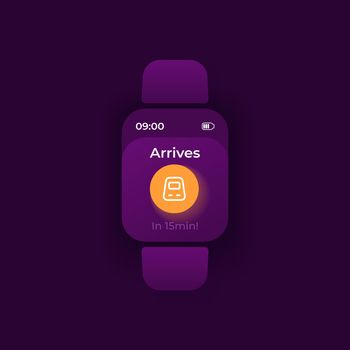 Trip notice smartwatch interface vector template. Railway transportation mobile app notification night mode design. Train arrival reminder message screen. Flat UI for application. Smart watch display