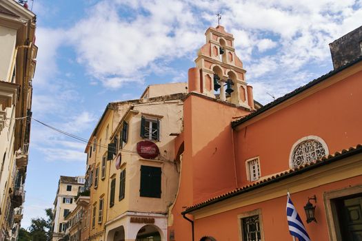 Corfu, Greece - 10.07.2021: View of the narrow streets of the historic Old Town of Corfu