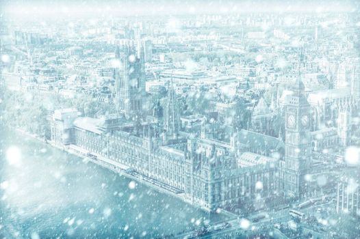 View of House of Parliament in London with snow
