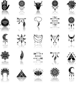 Boho style drop shadow black glyph icons set. Native American Indian amulets. Dreamcatcher ethnic charms. Esoteric symbols. Vintage pendant. Isolated vector illustrations on white space
