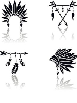 Native american indian hat and amulet drop shadow black glyph icons set. Tribe chief headdress with feathers. Boho style charm. Ethnic accessories. Isolated vector illustrations on white space