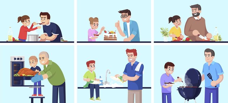 People cooking together, fathers and children preparing food flat vector illustrations set. Smiling daddies and kids, family members with kitchen stuff isolated cartoon characters kit