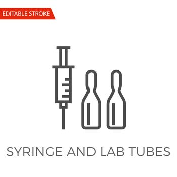Syringe and Lab Tubes Thin Line Vector Icon. Flat Icon Isolated on the White Background. Editable Stroke EPS file. Vector illustration.