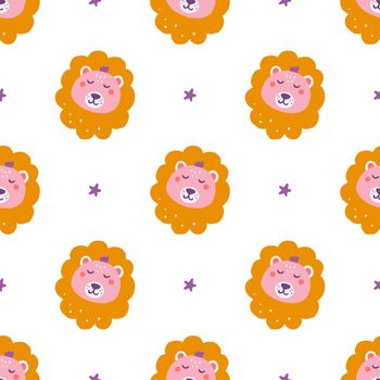 Cute lion face with stars on white background, vector seamless pattern