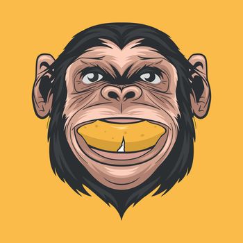Vector Hand Drawn Smiling Chimpanzee Ape with Banana in His Mouth. Colored Abstract Funny Monkey Head for Wall Art, T-shirt Print, Poster. Cartoon Cute Chimp Monkey Icon, Logo, Illustration