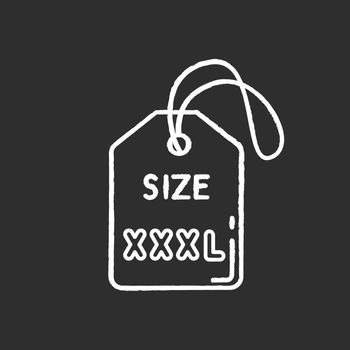 XXXL size label chalk white icon on black background. Clothing parameters description. Info tag for apparel. Extra large garments for plus size people. Isolated vector chalkboard illustration