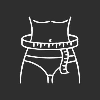 Waist circumference chalk white icon on black background. Tailor measurements, slimming. Woman waistline width specification for bespoke female clothing. Isolated vector chalkboard illustration