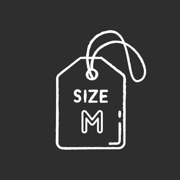Medium size label chalk white icon on black background. Clothing parameters information. Descriptive tag with M letter, average size apparel specification. Isolated vector chalkboard illustration