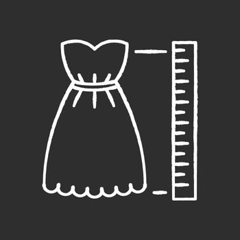 Product length chalk white icon on black background. Measuring dress size, tailoring parameters. Height specification for bespoke female clothing. Isolated vector chalkboard illustration