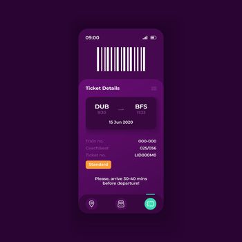Online trip reservation application smartphone interface vector template. Mobile app page dark theme design layout. Electronic ticket info screen. Flat UI for application. Details on phone display