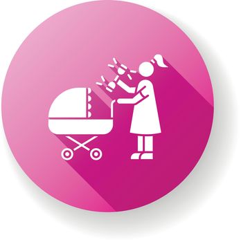 Newborn experience pink flat design long shadow glyph icon. Woman with rattle toy. Mother with baby stroller. Mom go for walk. Maternity, child care. Silhouette RGB color illustration