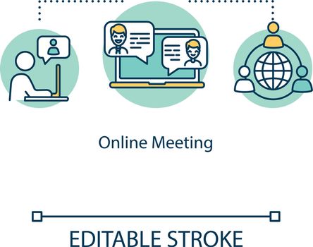 Online meeting concept icon. Video conference at home. Work call with computer. Quarantine work ethic idea thin line illustration. Vector isolated outline RGB color drawing. Editable stroke