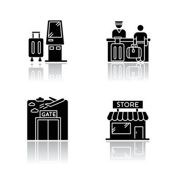 Airport terminal drop shadow black glyph icons set. Self service kiosk to check in. Boarding registration desk. Gate window. Checked baggage. Isolated vector illustrations on white space
