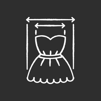Product width chalk white icon on black background. Measuring clothing size, tailoring parameters. Bust and skirt dimensions specification for bespoke dress. Isolated vector chalkboard illustration