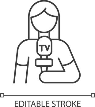 Journalist pixel perfect linear icon. Person delivering news. Woman holding microphone. Thin line customizable illustration. Contour symbol. Vector isolated outline drawing. Editable stroke