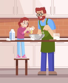 Father and daughter making dough together semi flat vector illustration. Parent and child cooking pastry, family members mixing ingredients 2D cartoon characters for commercial use