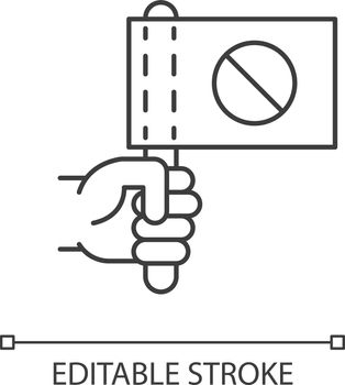 Activist pixel perfect linear icon. Hand holding flag with stop sign. Protester rally. Thin line customizable illustration. Contour symbol. Vector isolated outline drawing. Editable stroke