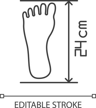 Foot length from toe to heel pixel perfect linear icon. Thin line customizable illustration. Body part size specification, shoemaking contour symbol. Vector isolated outline drawing. Editable stroke