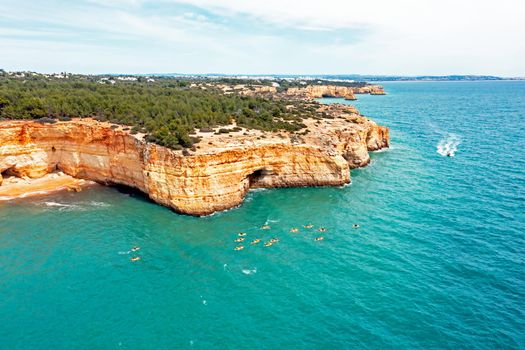 Aerial from kayaking at the rocky south coast in the Algarve Portugal