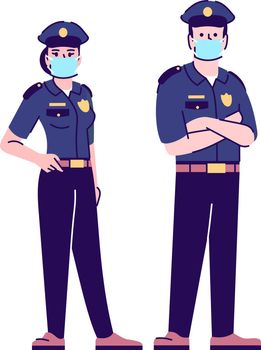 Police officers in covid19 pandemic flat isolated vector illustration. Cops in surgical masks 2D cartoon character with outline on white background. Law enforcement in coronavirus outbreak
